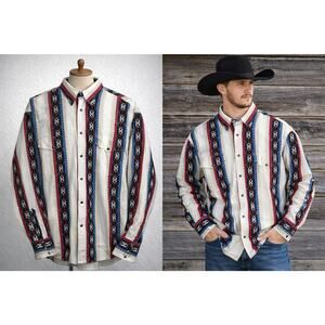 Wrangler Shirt Mens L White Aztec Stripe Vintage Pearl Snap Western Brushpopper